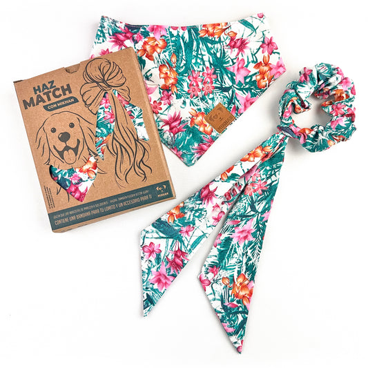 Match blanco tropical verde con rosa